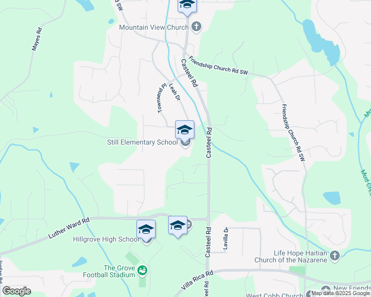 map of restaurants, bars, coffee shops, grocery stores, and more near 870 Casteel Road in Powder Springs