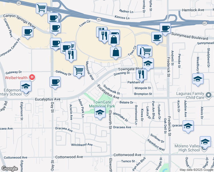 map of restaurants, bars, coffee shops, grocery stores, and more near 22500 Southwalk Street in Moreno Valley