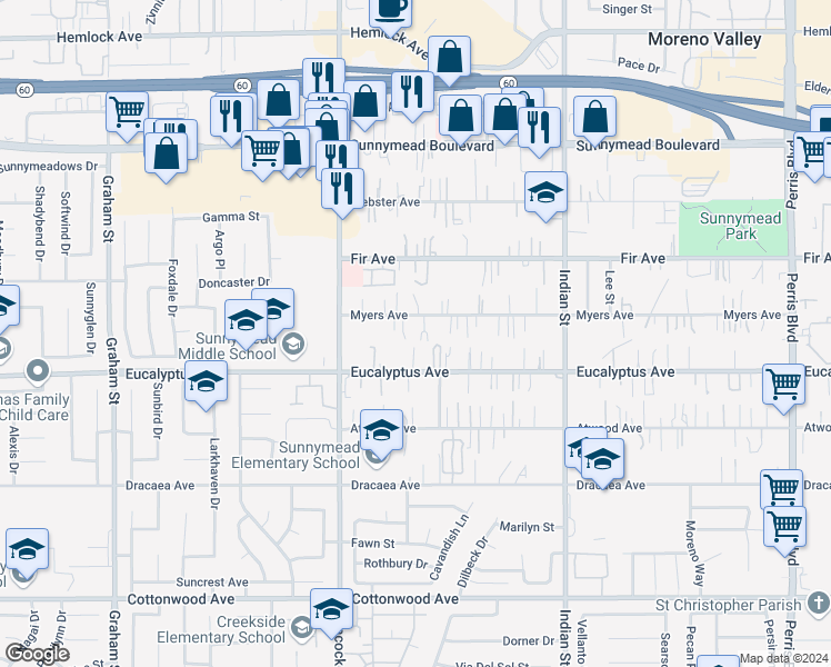 map of restaurants, bars, coffee shops, grocery stores, and more near Myers Avenue in Moreno Valley