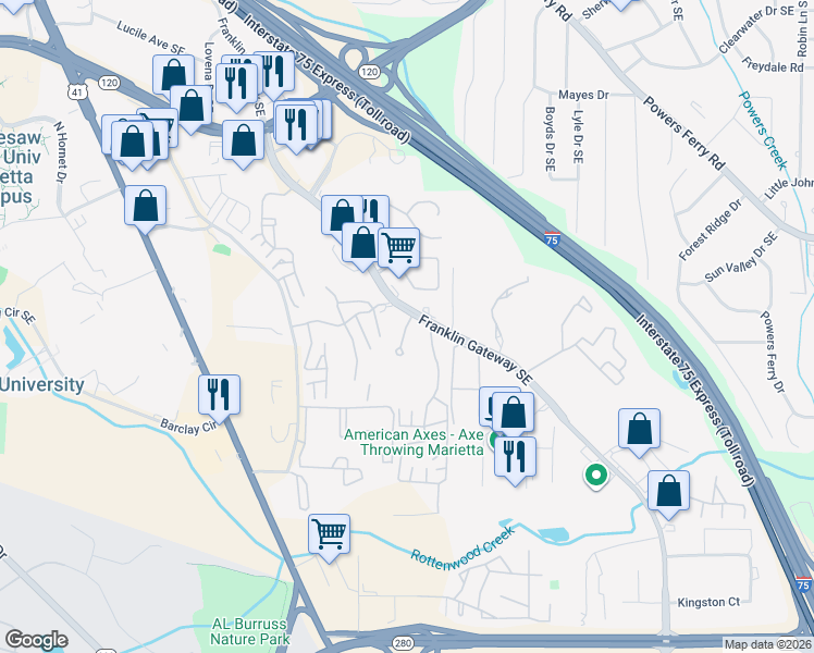 map of restaurants, bars, coffee shops, grocery stores, and more near 730 Franklin Gateway Southeast in Marietta