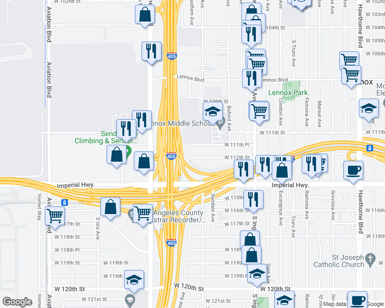 map of restaurants, bars, coffee shops, grocery stores, and more near 11154 Redfern Avenue in Inglewood