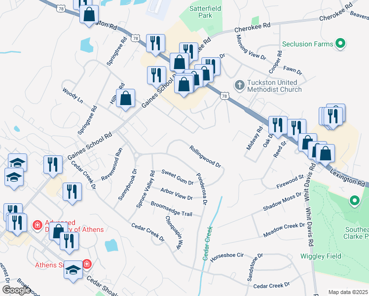 map of restaurants, bars, coffee shops, grocery stores, and more near 130 Rollingwood Drive in Athens