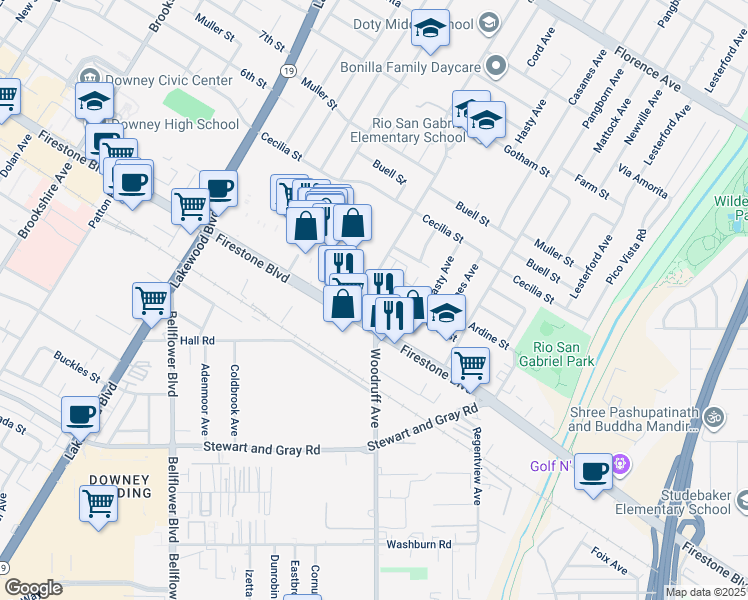 map of restaurants, bars, coffee shops, grocery stores, and more near 11102 Woodruff Avenue in Downey