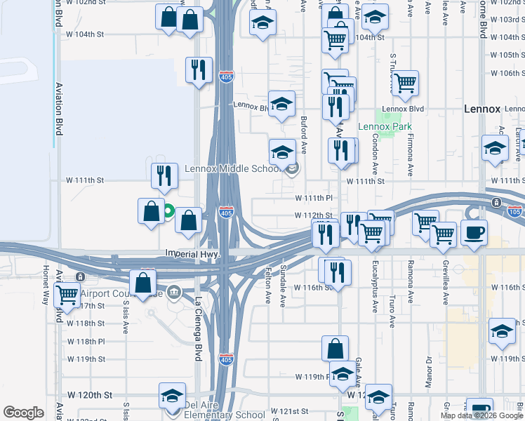 map of restaurants, bars, coffee shops, grocery stores, and more near 11154 Redfern Avenue in Inglewood