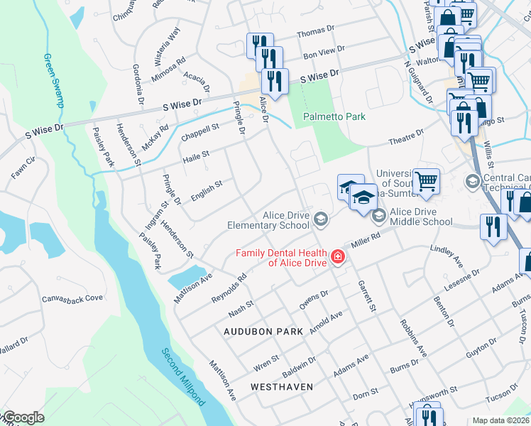 map of restaurants, bars, coffee shops, grocery stores, and more near 26 Conyers Street in Sumter