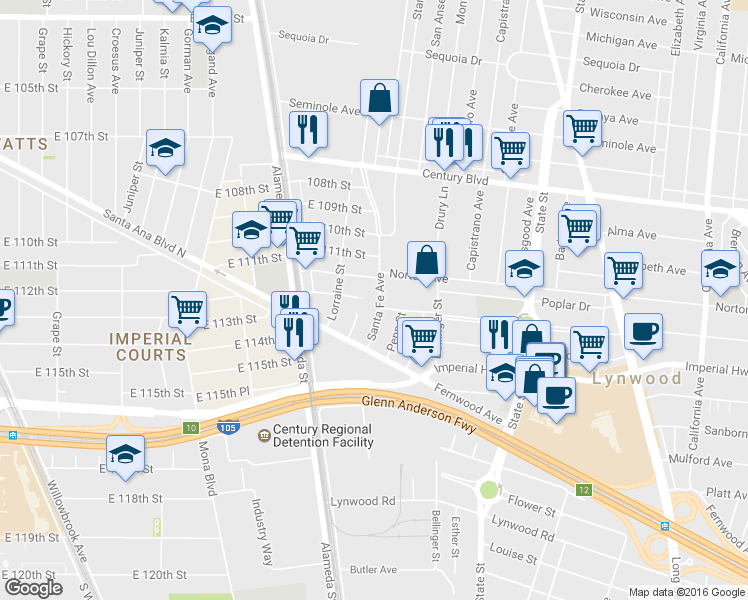 map of restaurants, bars, coffee shops, grocery stores, and more near 11129 Santa Fe Avenue in Lynwood