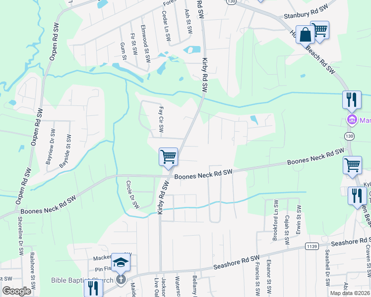 map of restaurants, bars, coffee shops, grocery stores, and more near 2304 Kirby Road Southwest in Brunswick County