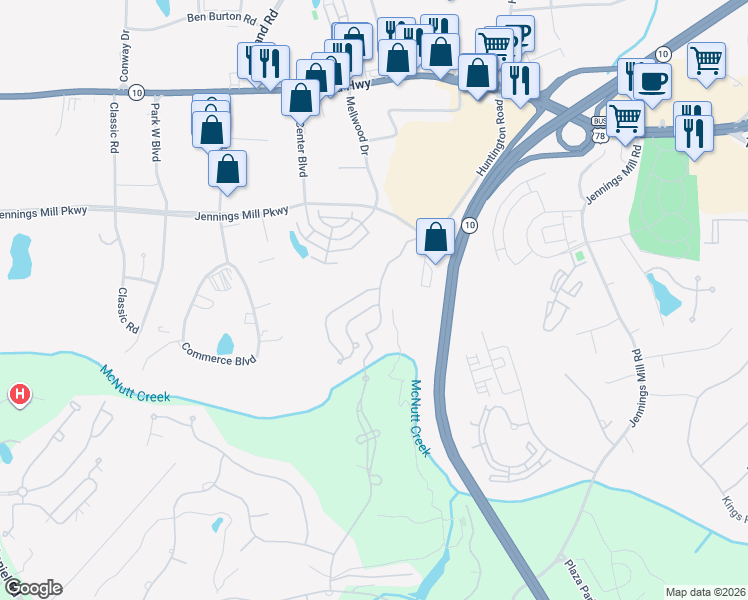 map of restaurants, bars, coffee shops, grocery stores, and more near 108 Covington Place in Athens