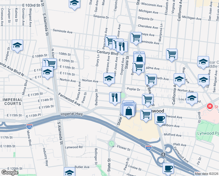 map of restaurants, bars, coffee shops, grocery stores, and more near 11031 State Street in Lynwood