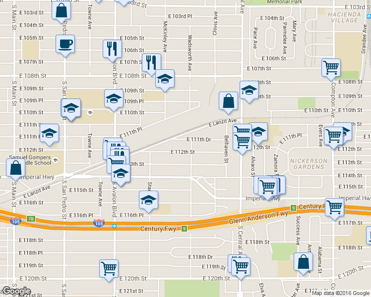 map of restaurants, bars, coffee shops, grocery stores, and more near 853 East 112th Street in Los Angeles