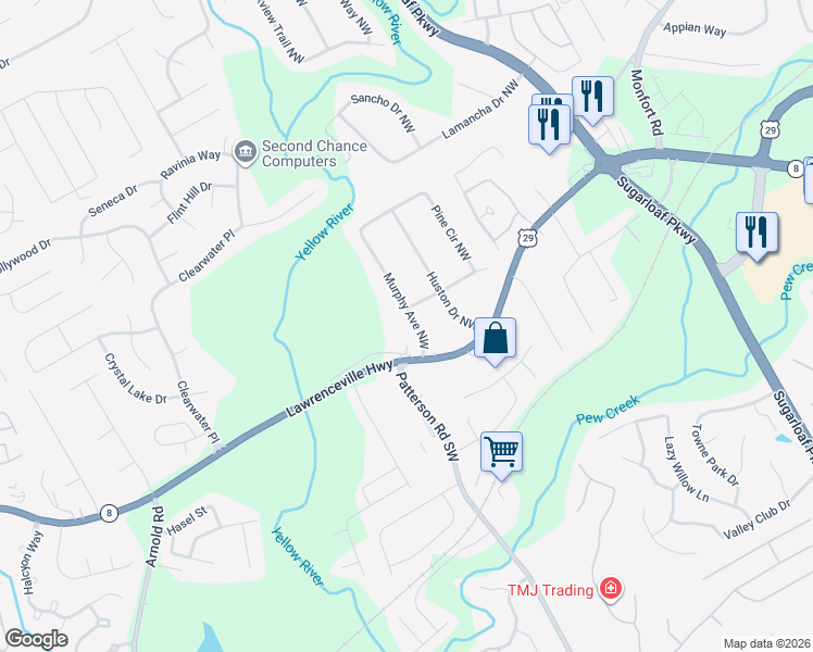 map of restaurants, bars, coffee shops, grocery stores, and more near 150 Murphy Avenue Northwest in Lawrenceville