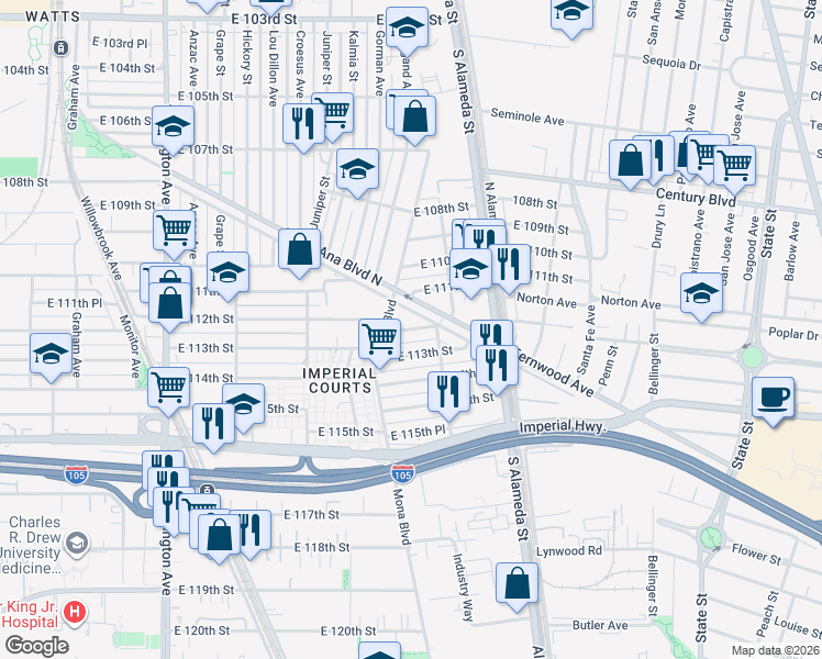 map of restaurants, bars, coffee shops, grocery stores, and more near 2432 East 112th Place in Los Angeles