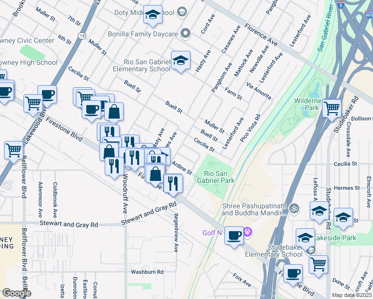 map of restaurants, bars, coffee shops, grocery stores, and more near 9514 La Villa Street in Downey