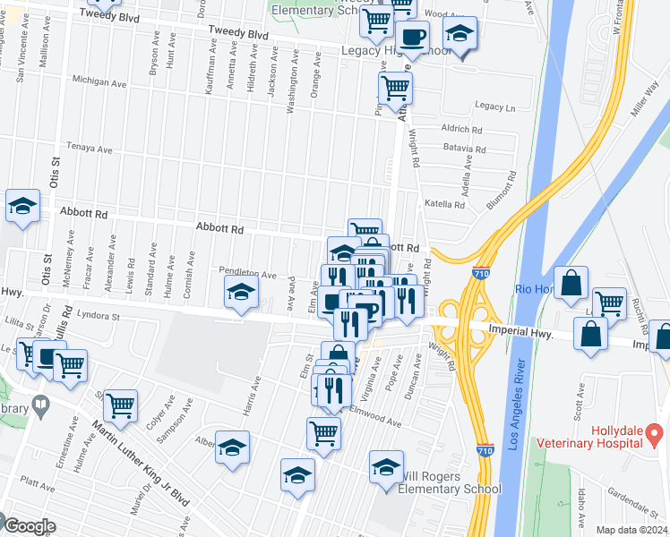 map of restaurants, bars, coffee shops, grocery stores, and more near 4328 Nedra Street in Lynwood