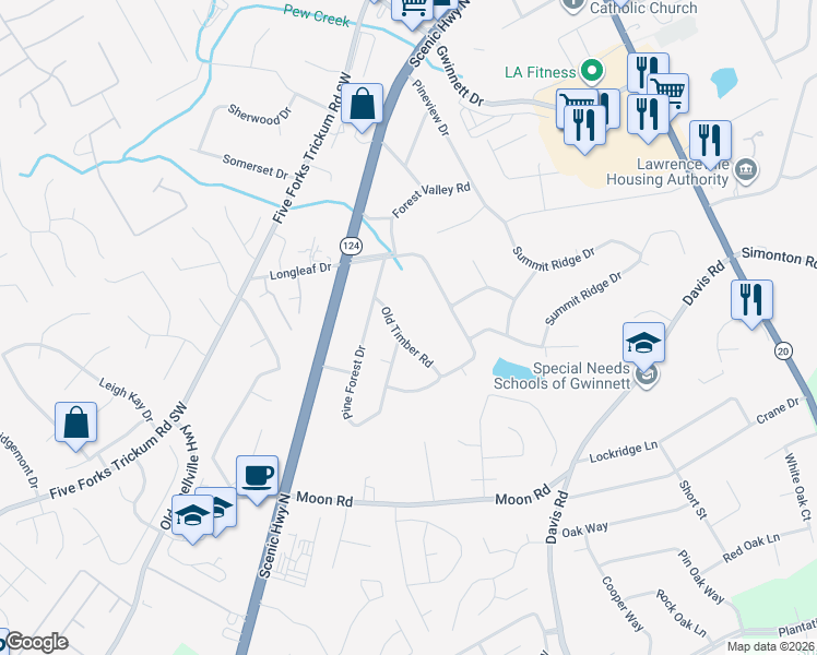 map of restaurants, bars, coffee shops, grocery stores, and more near 118 Old Timber Road in Lawrenceville