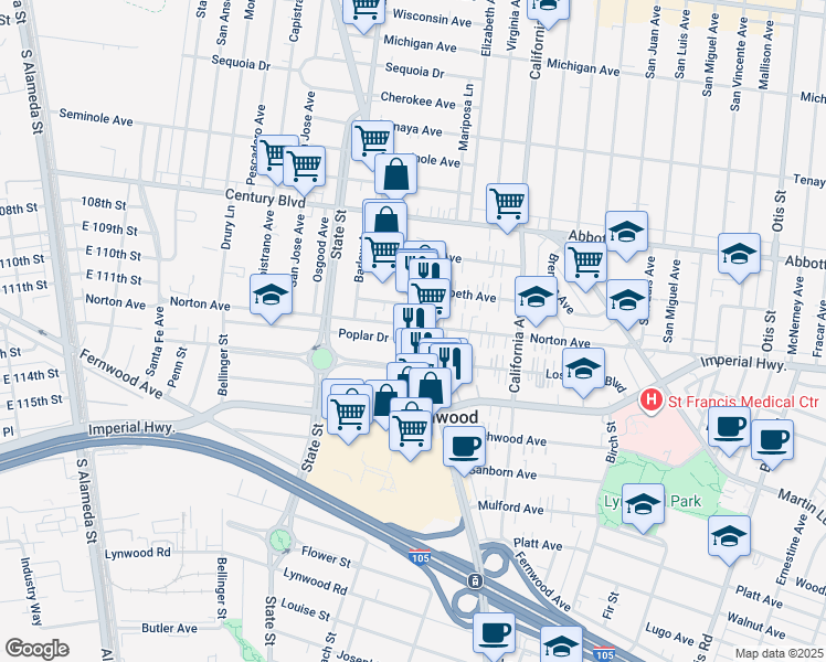 map of restaurants, bars, coffee shops, grocery stores, and more near 11003 Long Beach Boulevard in Lynwood
