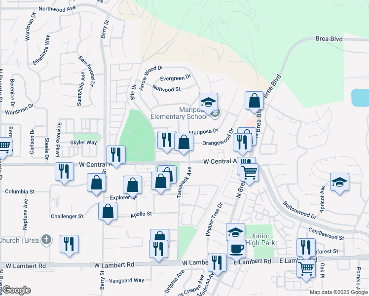 map of restaurants, bars, coffee shops, grocery stores, and more near 825 Tamarack Avenue in Brea