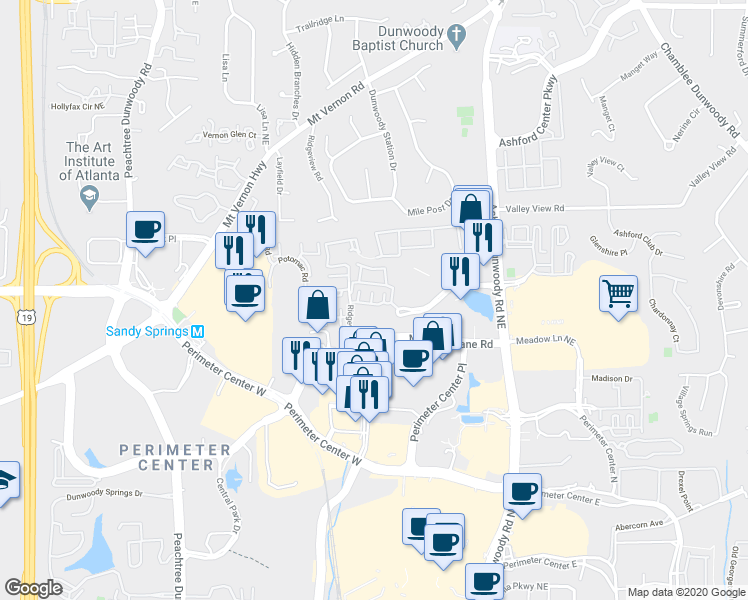 map of restaurants, bars, coffee shops, grocery stores, and more near 4689 Dogwood Alley in Dunwoody