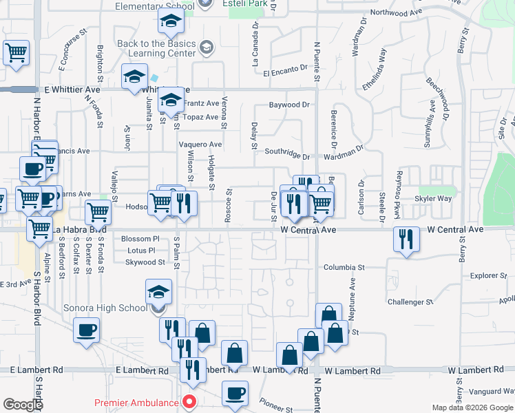 map of restaurants, bars, coffee shops, grocery stores, and more near 820 Worthington Street in Brea