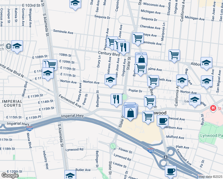 map of restaurants, bars, coffee shops, grocery stores, and more near 11031 State Street in Lynwood