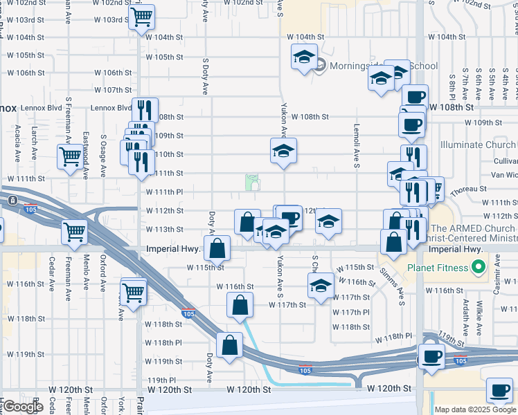 map of restaurants, bars, coffee shops, grocery stores, and more near 3645 West 112th Street in Inglewood