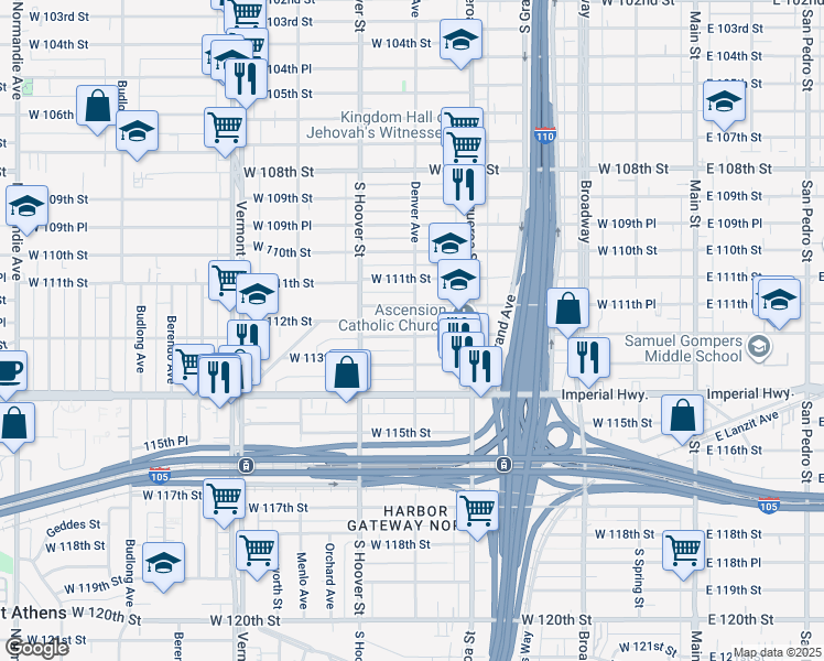 map of restaurants, bars, coffee shops, grocery stores, and more near 601 West 112th Street in Los Angeles