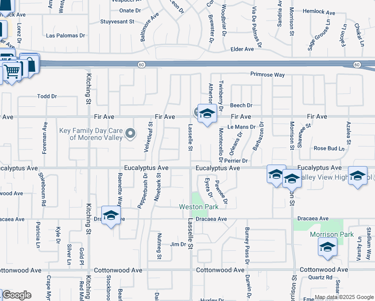 map of restaurants, bars, coffee shops, grocery stores, and more near 12931 Bernard Court in Moreno Valley