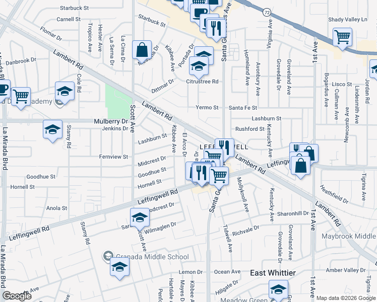 map of restaurants, bars, coffee shops, grocery stores, and more near 11020 El Arco Drive in Whittier