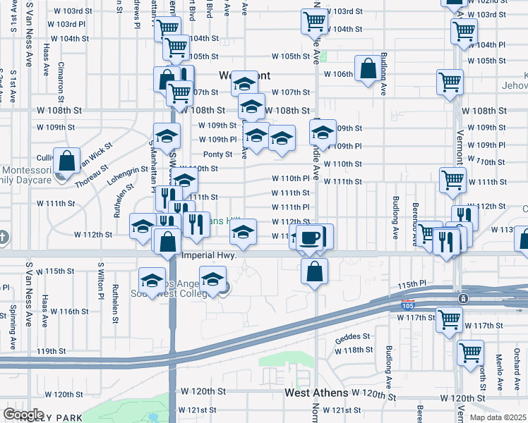 map of restaurants, bars, coffee shops, grocery stores, and more near 1532 West 111th Place in Los Angeles