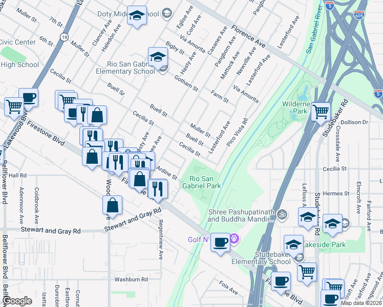map of restaurants, bars, coffee shops, grocery stores, and more near 9602 Cecilia Street in Downey