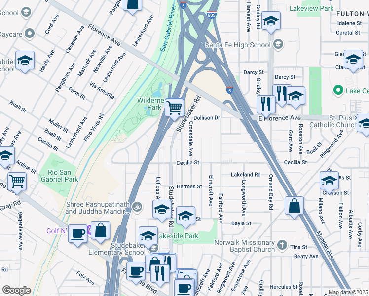 map of restaurants, bars, coffee shops, grocery stores, and more near 11002 Benfield Avenue in Downey