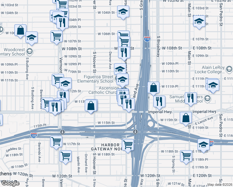 map of restaurants, bars, coffee shops, grocery stores, and more near 537 West 112th Street in Los Angeles