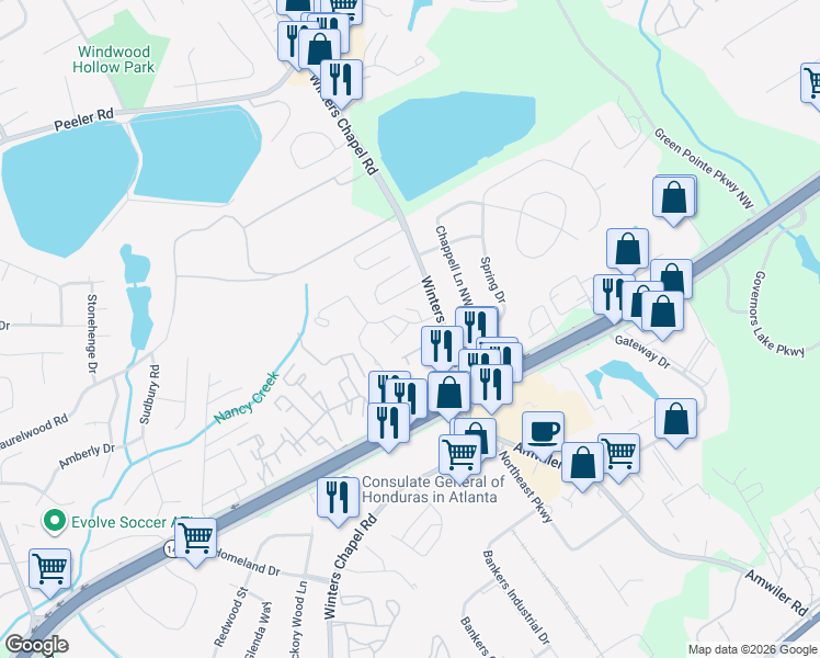 map of restaurants, bars, coffee shops, grocery stores, and more near 4650 Peachtree Place Parkway in Atlanta