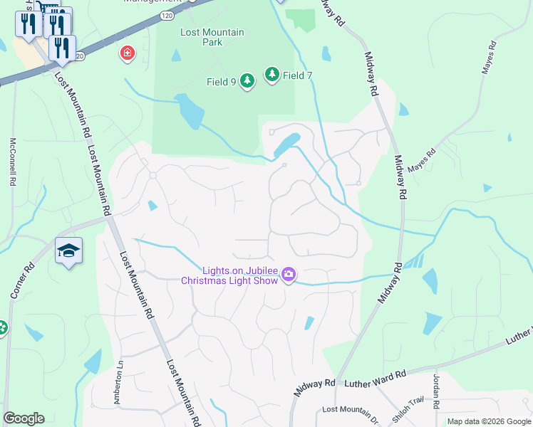 map of restaurants, bars, coffee shops, grocery stores, and more near 4579 Willow Oak Trail in Powder Springs