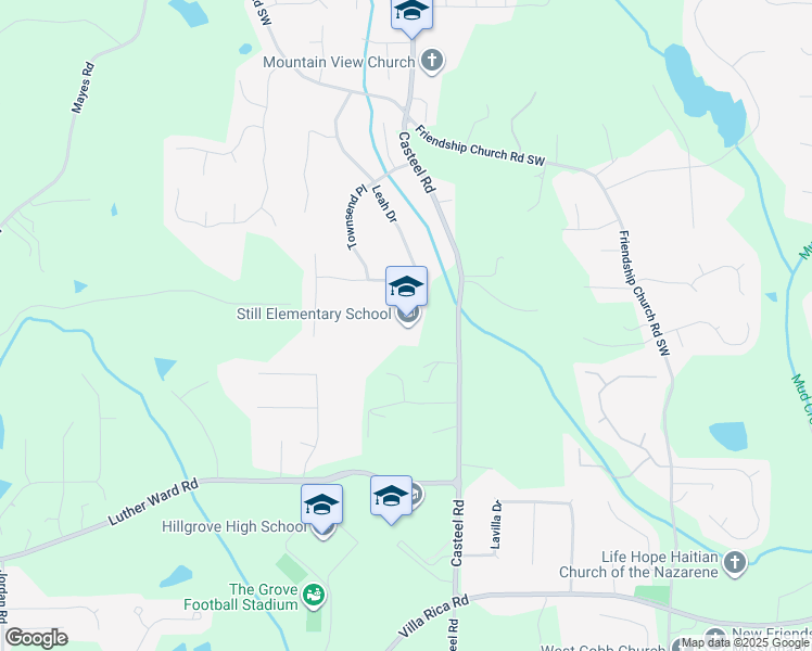 map of restaurants, bars, coffee shops, grocery stores, and more near 870 Casteel Road in Powder Springs