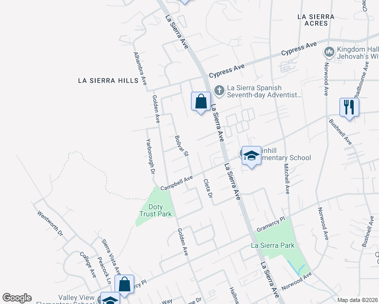map of restaurants, bars, coffee shops, grocery stores, and more near 5636 Darien Court in Riverside