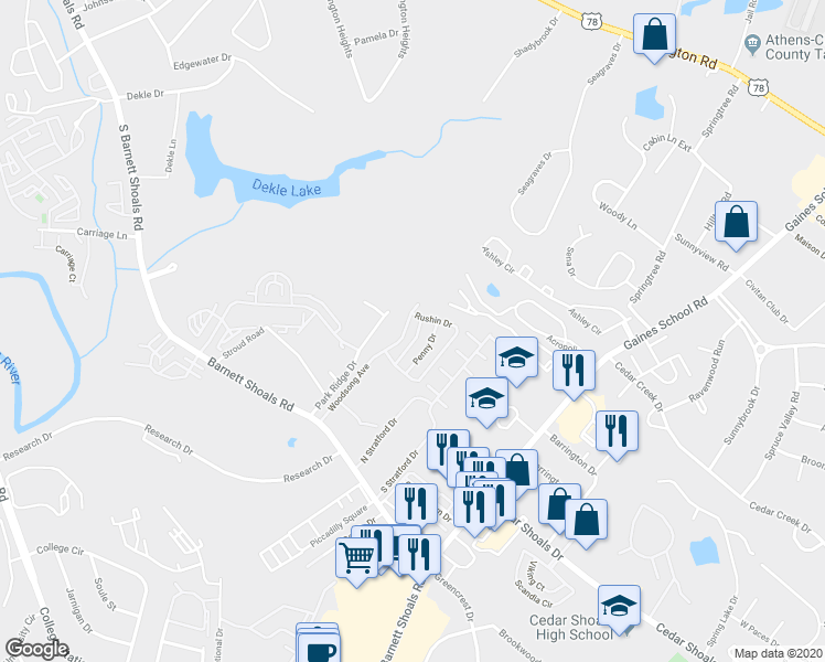 map of restaurants, bars, coffee shops, grocery stores, and more near 110 Woodsong Avenue in Athens