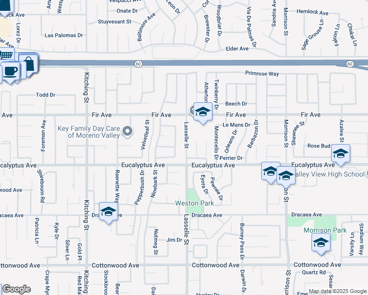 map of restaurants, bars, coffee shops, grocery stores, and more near 12931 Bernard Court in Moreno Valley