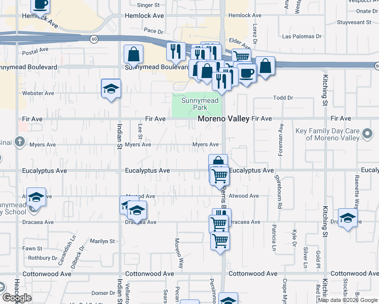 map of restaurants, bars, coffee shops, grocery stores, and more near 24829 Myers Avenue in Moreno Valley