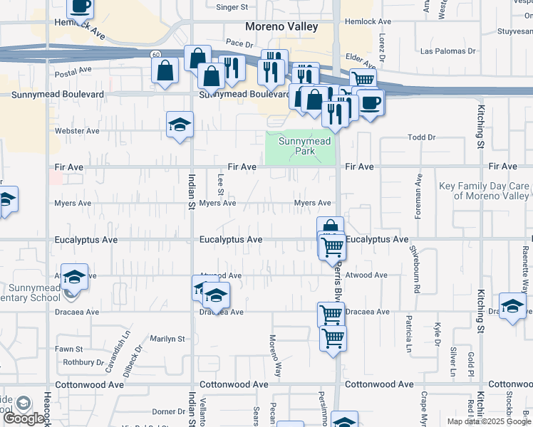 map of restaurants, bars, coffee shops, grocery stores, and more near 24755 Myers Avenue in Moreno Valley