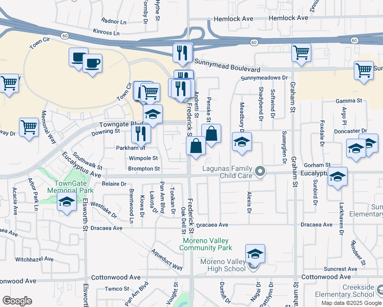 map of restaurants, bars, coffee shops, grocery stores, and more near 12900 Frederick Street in Moreno Valley