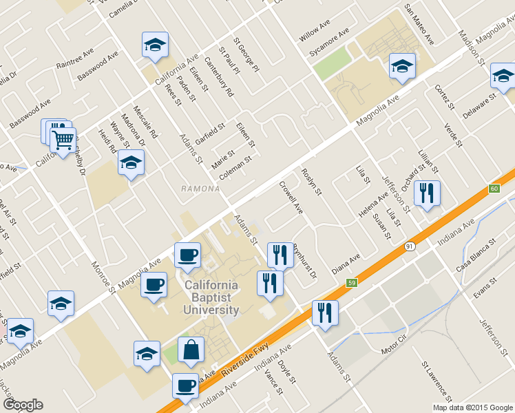 map of restaurants, bars, coffee shops, grocery stores, and more near 8230 Magnolia Avenue in Riverside