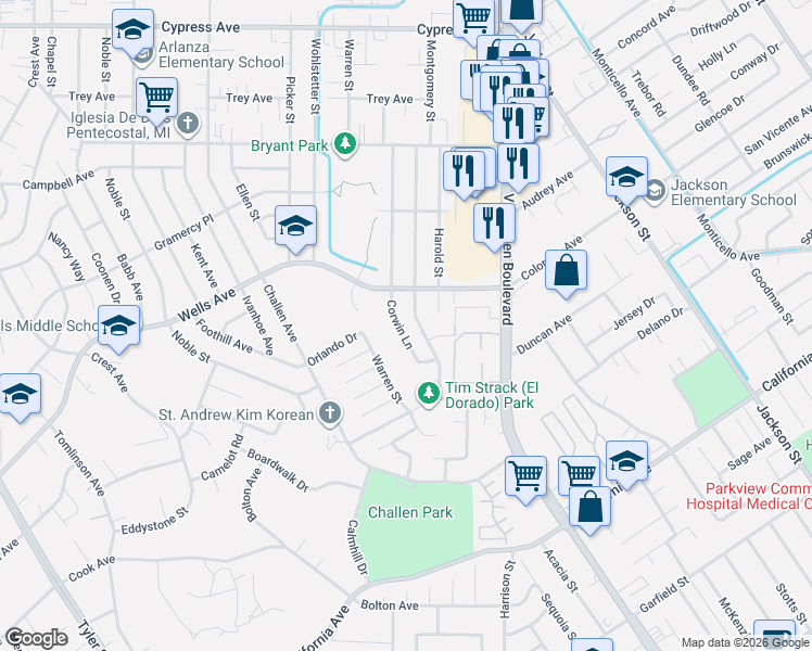 map of restaurants, bars, coffee shops, grocery stores, and more near 4822 Montgomery Street in Riverside