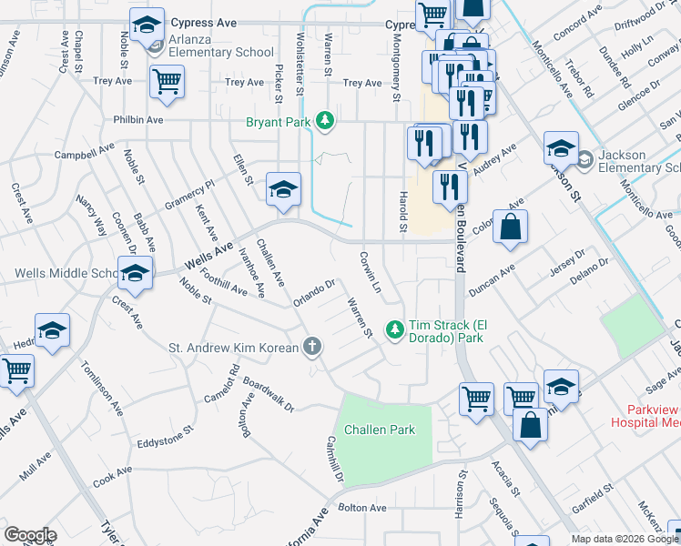 map of restaurants, bars, coffee shops, grocery stores, and more near 4835 Warren Street in Riverside