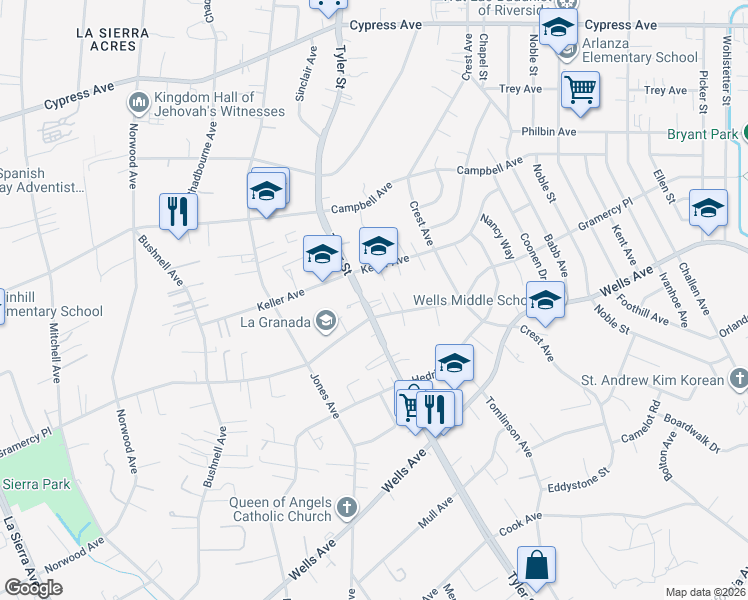 map of restaurants, bars, coffee shops, grocery stores, and more near 5327 Tyler Street in Riverside