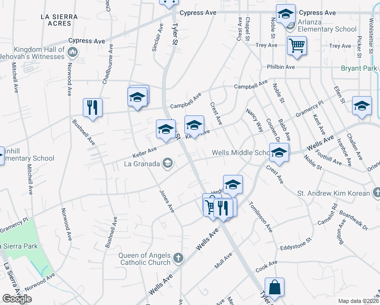 map of restaurants, bars, coffee shops, grocery stores, and more near 5327 Tyler Street in Riverside