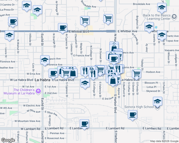 map of restaurants, bars, coffee shops, grocery stores, and more near 201 North College Street in La Habra