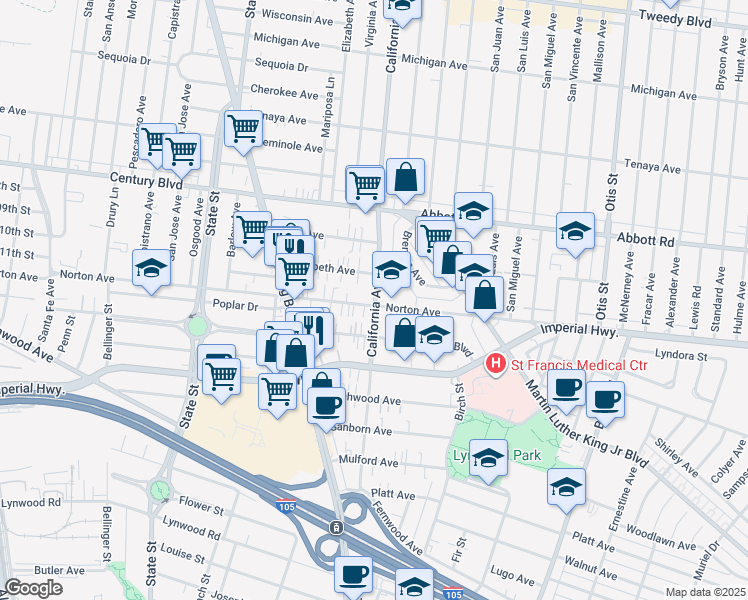 map of restaurants, bars, coffee shops, grocery stores, and more near 3393 Norton Avenue in Lynwood