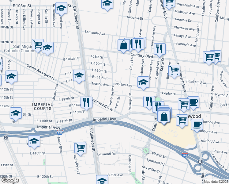 map of restaurants, bars, coffee shops, grocery stores, and more near 11129 Santa Fe Avenue in Lynwood