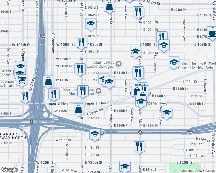 map of restaurants, bars, coffee shops, grocery stores, and more near 1100 California 1 in Los Angeles
